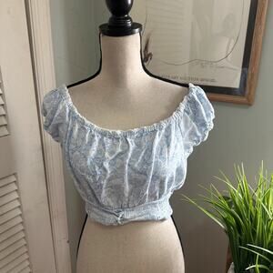 Aeropostale Crop Top Large Blue Floral Dainty Off Shoulder Cottage Coquette